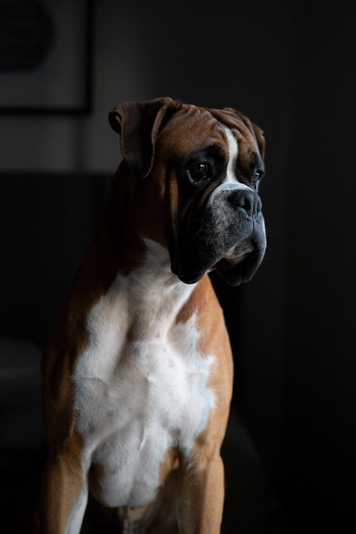 Portrait of a boxer dog gazing thoughtfully in low light, showcasing its pedigree features.
